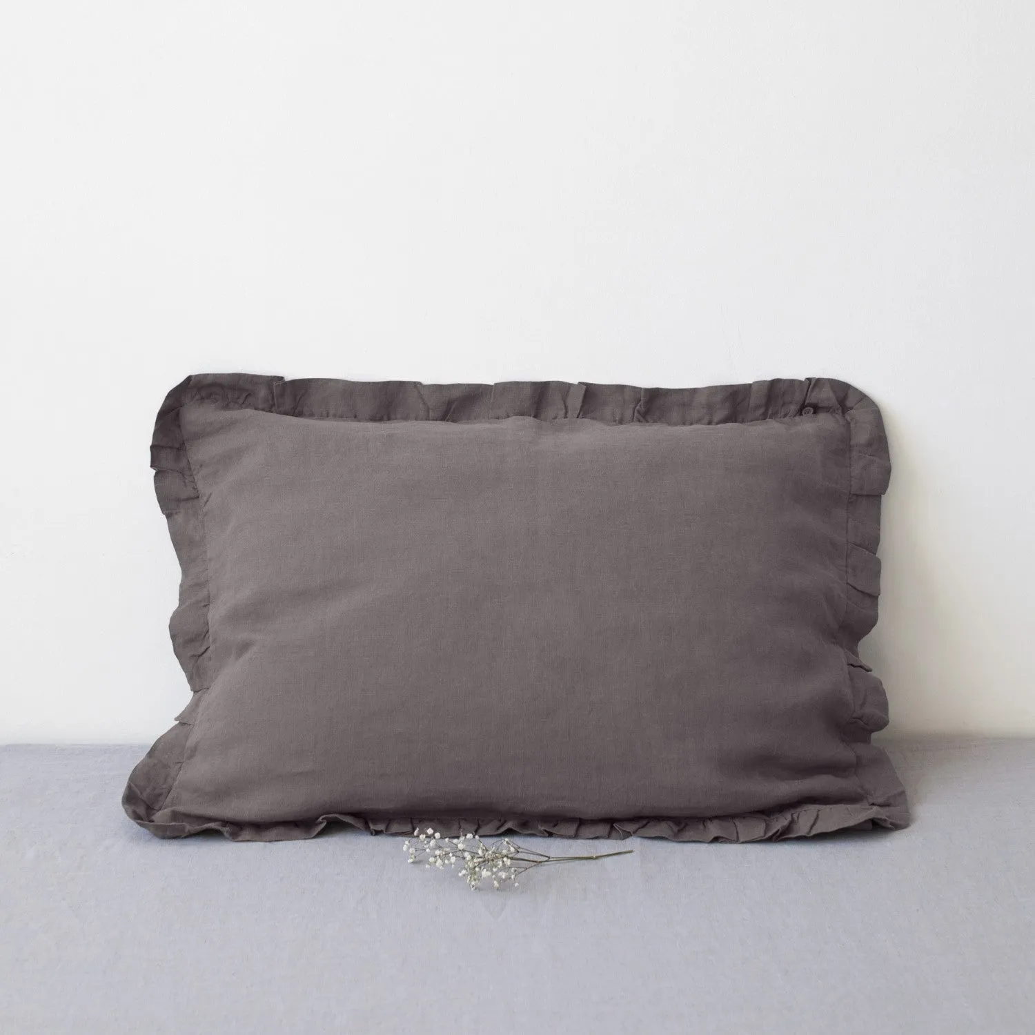 Dark Grey Linen Pillowcase with Frills