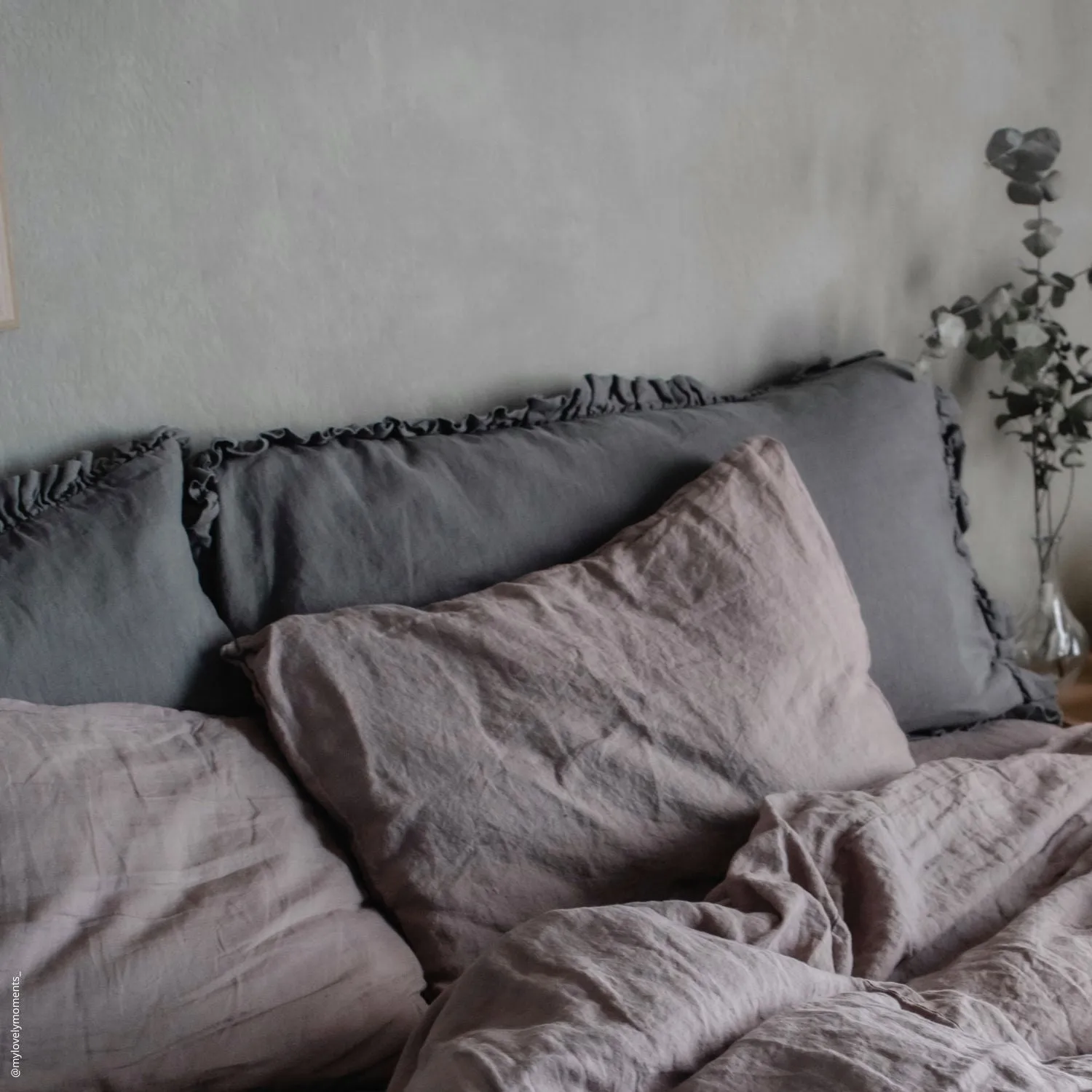 Dark Grey Linen Pillowcase with Frills
