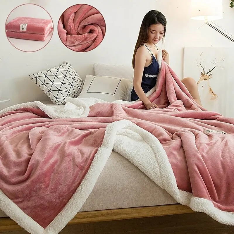 Double Lamb Cashmere Bed Sofa Warm Wool Blanket Winter Plush Flannel Blanket Sheet Bedspread Portable Travel Cover Blankets