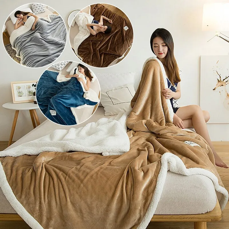 Double Lamb Cashmere Bed Sofa Warm Wool Blanket Winter Plush Flannel Blanket Sheet Bedspread Portable Travel Cover Blankets