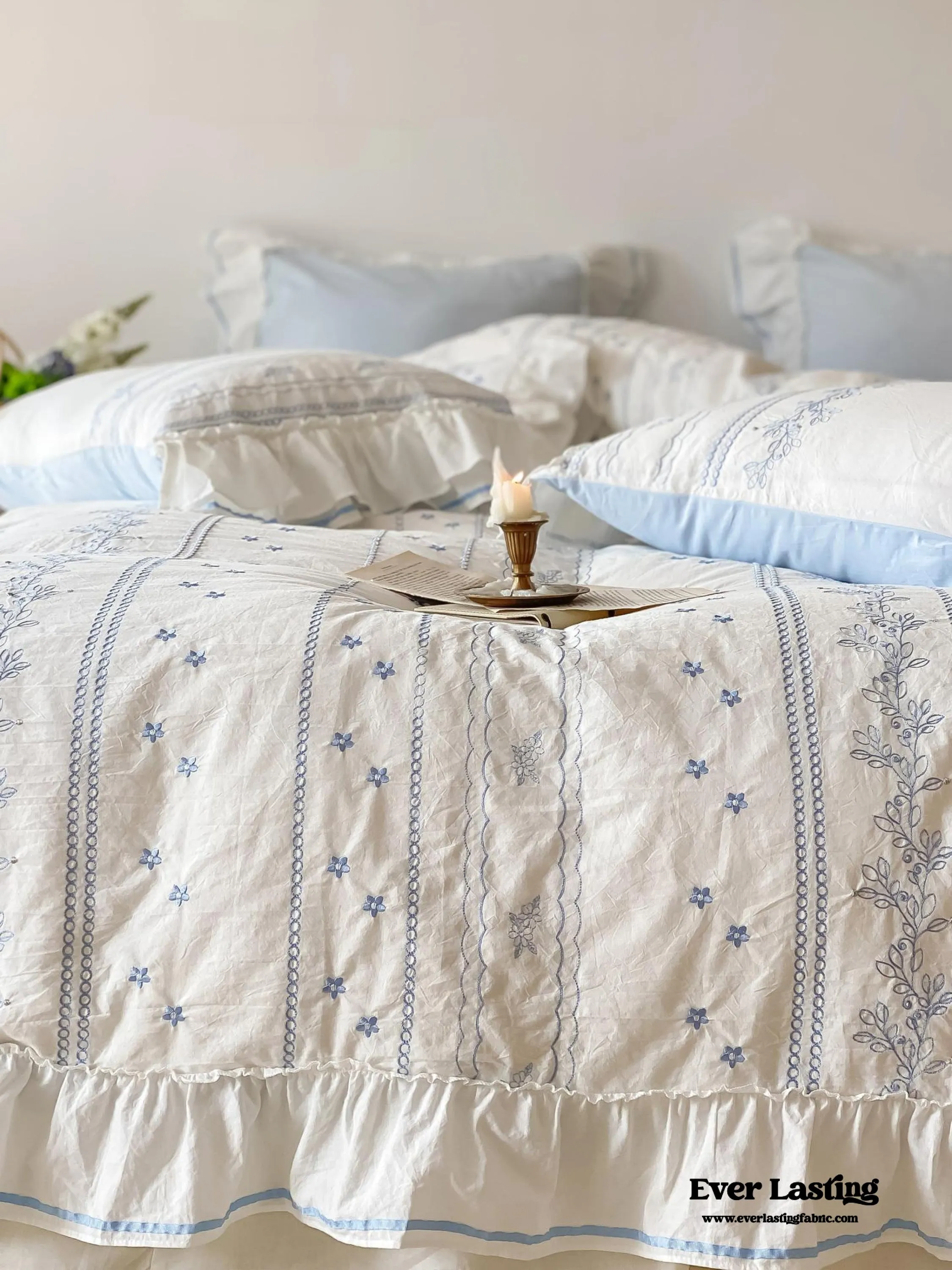 Embroidered French Lace Ruffle Pillowcases / Blue