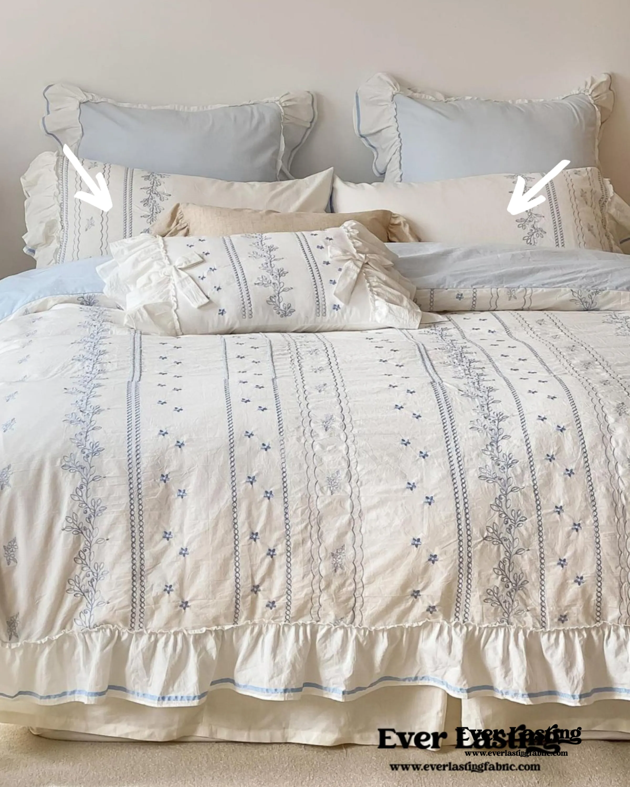 Embroidered French Lace Ruffle Pillowcases / Blue