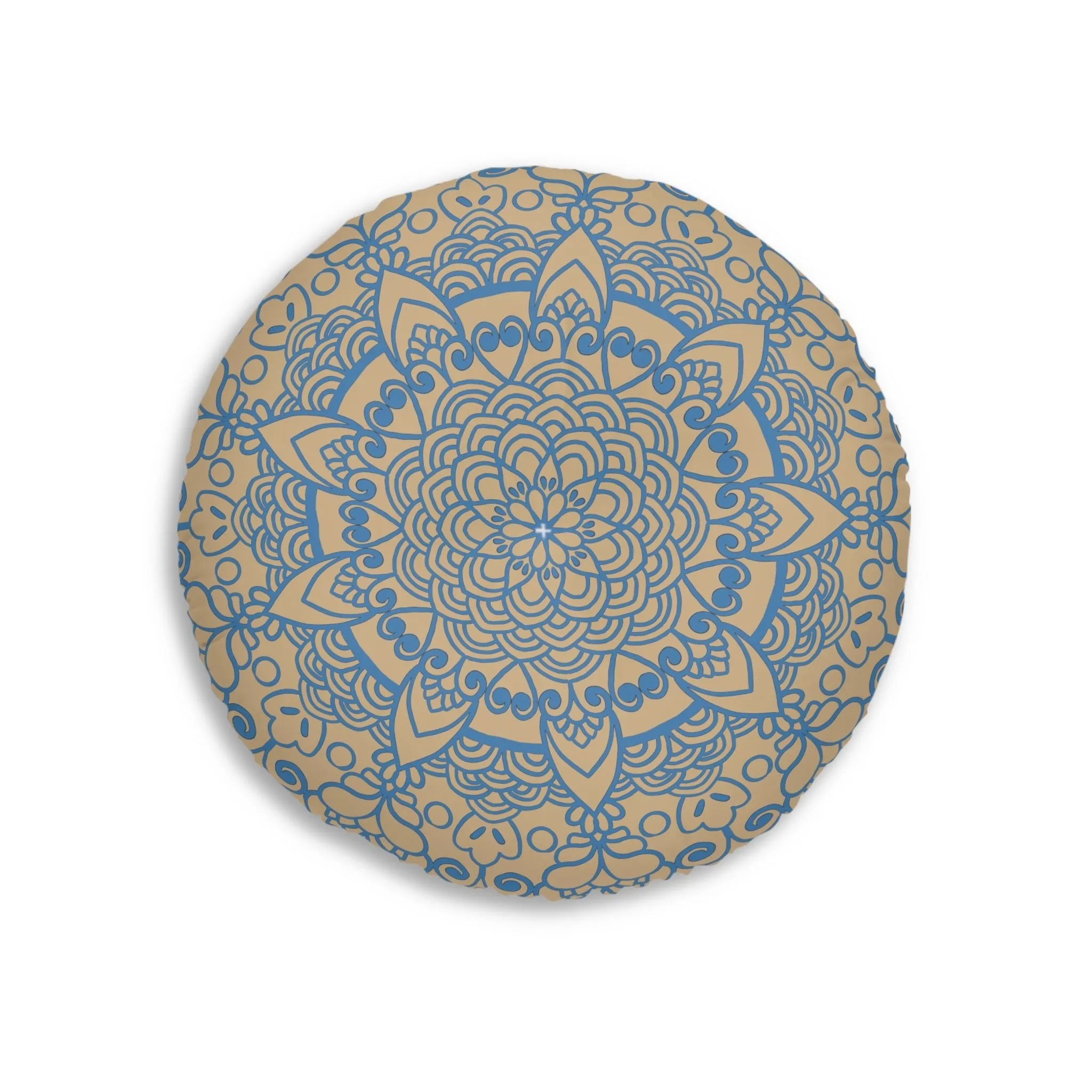 Handmade Mandala Art Floor Cushion - Steel Blue on Tan - Round