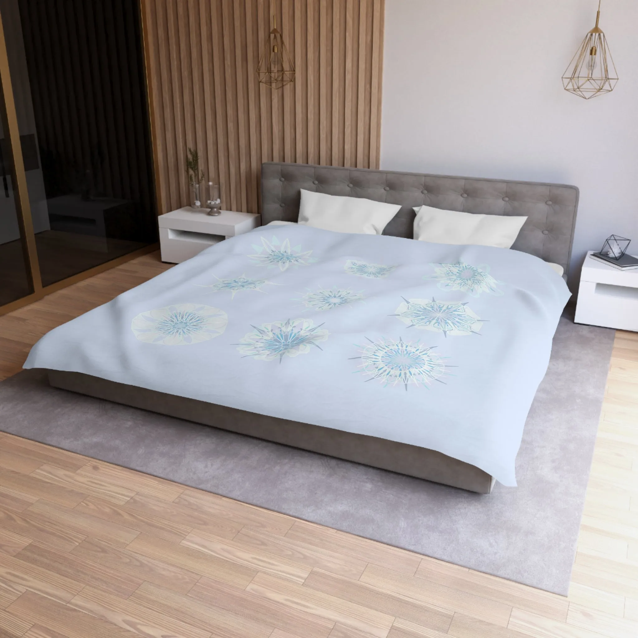 Handmade Mandala Art Microfiber Duvet Cover - Icy Blue Background