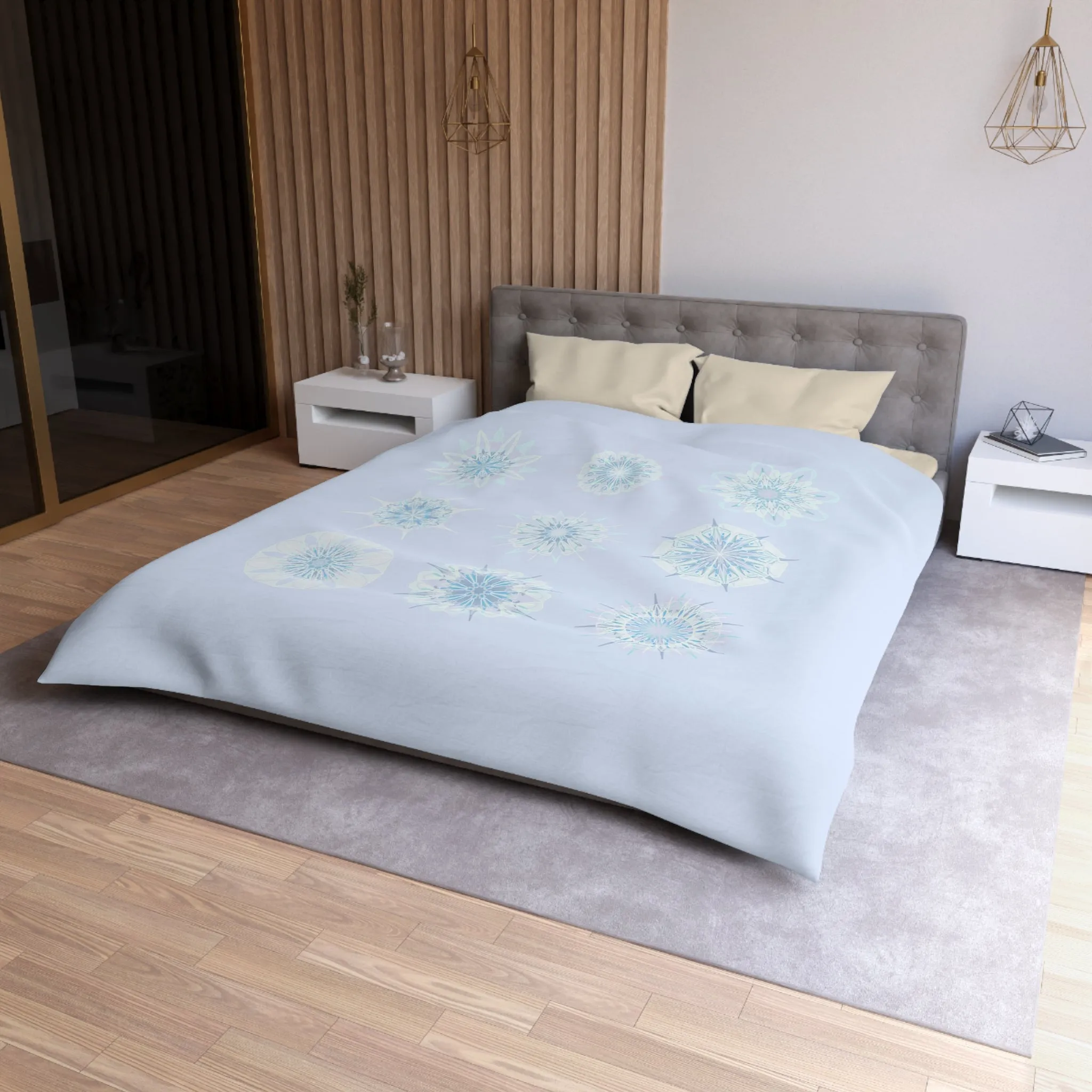 Handmade Mandala Art Microfiber Duvet Cover - Icy Blue Background