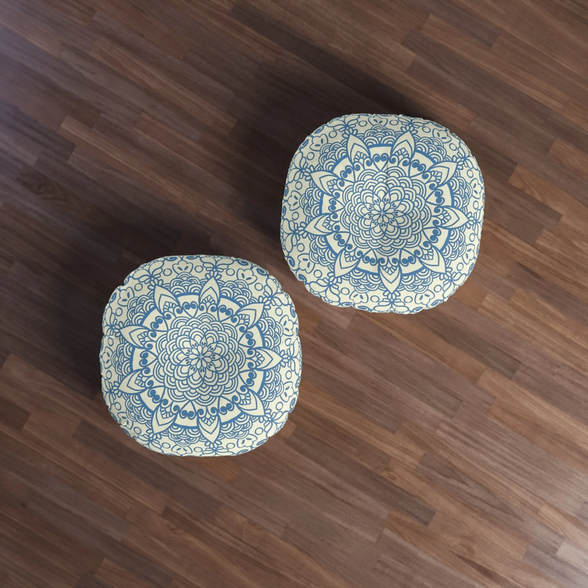 Handmade Mandala Art Steel Blue Floor Cushion - Tufted Round Pillow