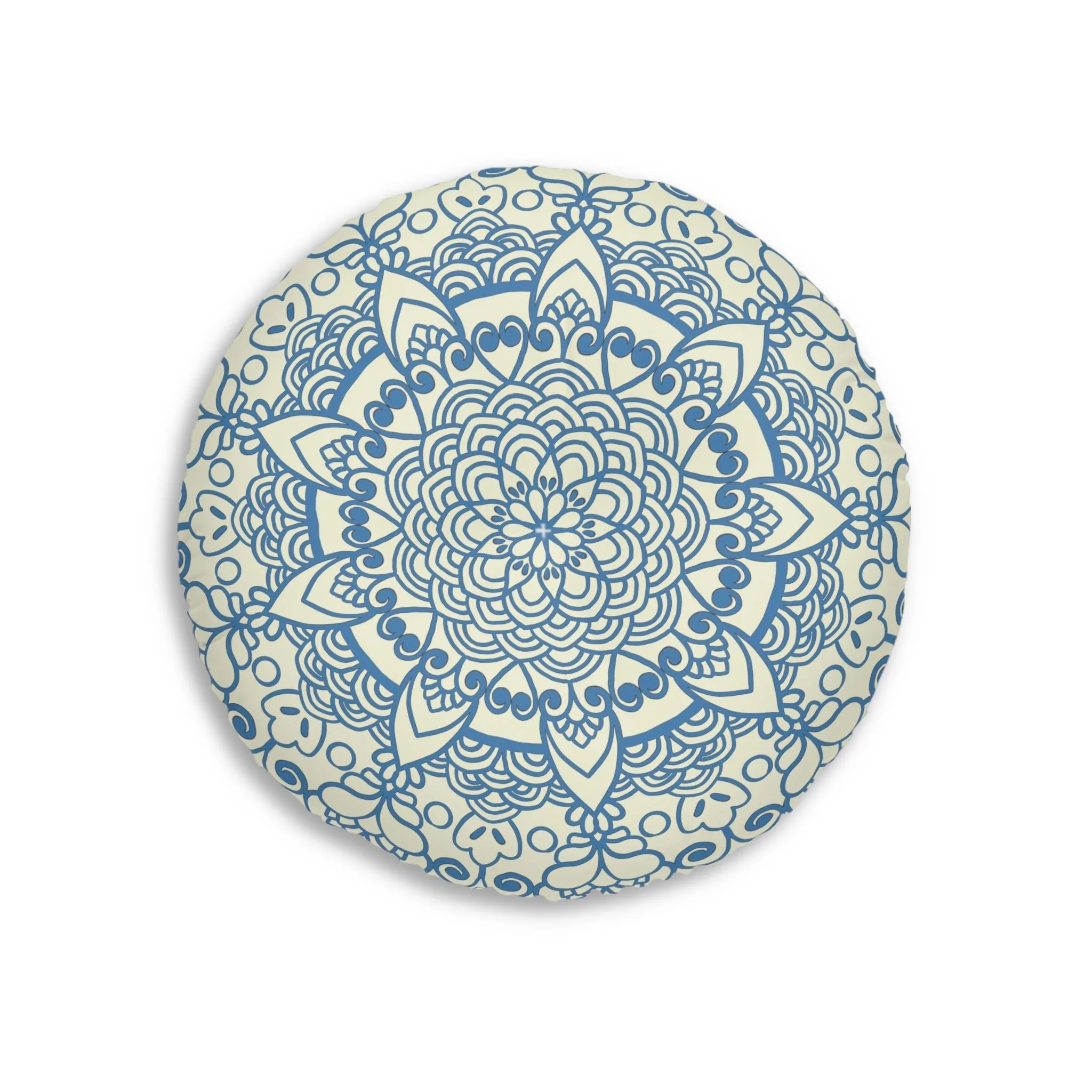 Handmade Mandala Art Steel Blue Floor Cushion - Tufted Round Pillow