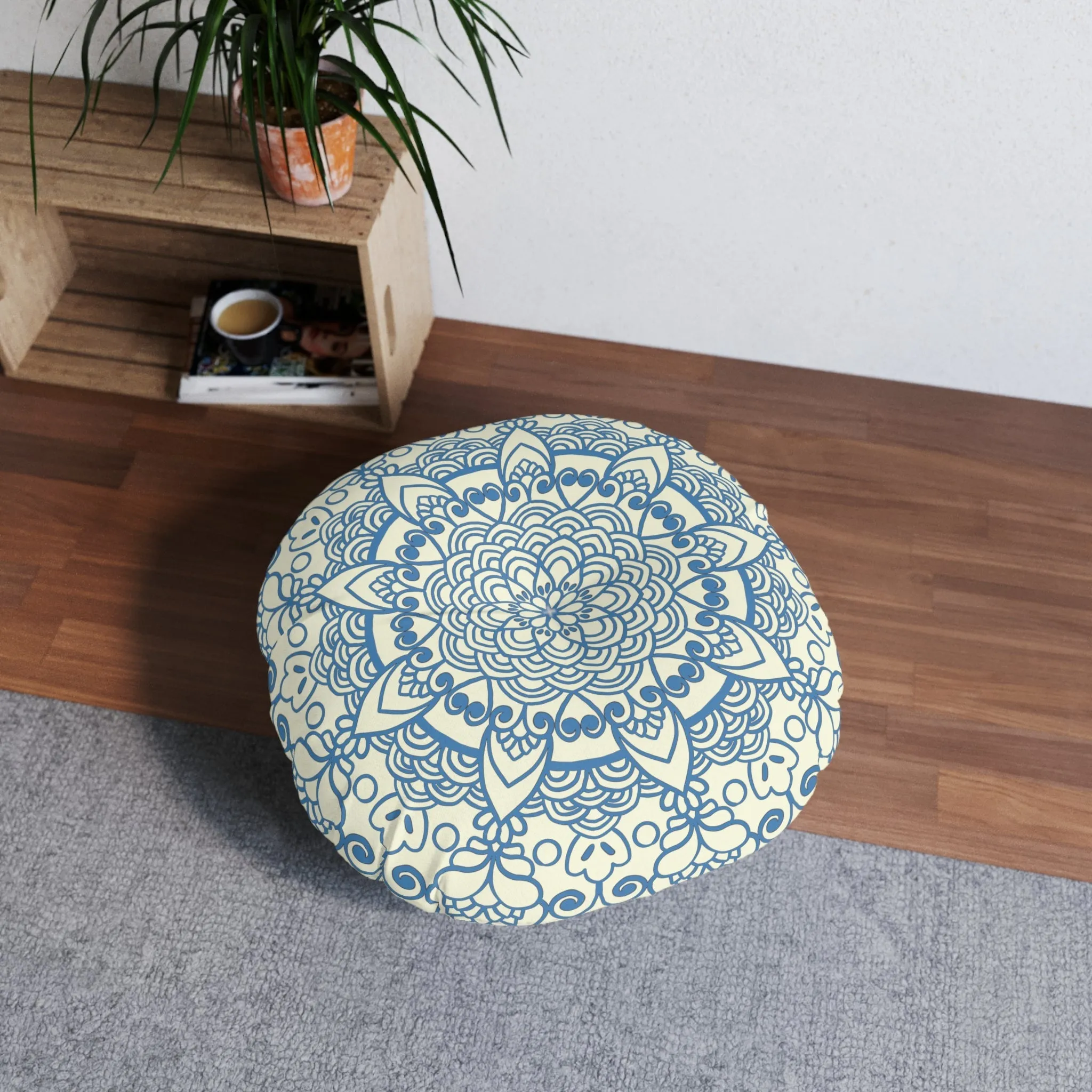 Handmade Mandala Art Steel Blue Floor Cushion - Tufted Round Pillow
