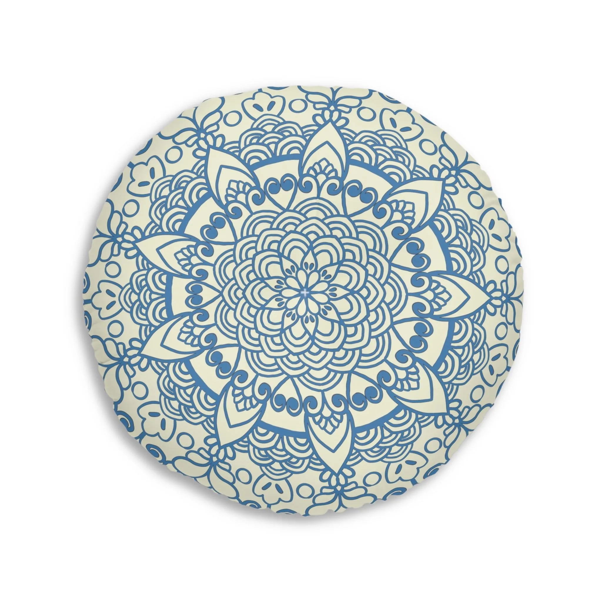 Handmade Mandala Art Steel Blue Floor Cushion - Tufted Round Pillow