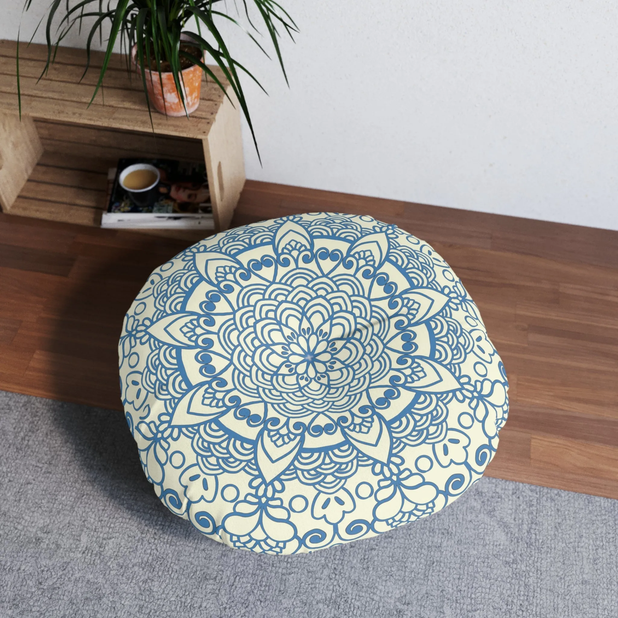 Handmade Mandala Art Steel Blue Floor Cushion - Tufted Round Pillow