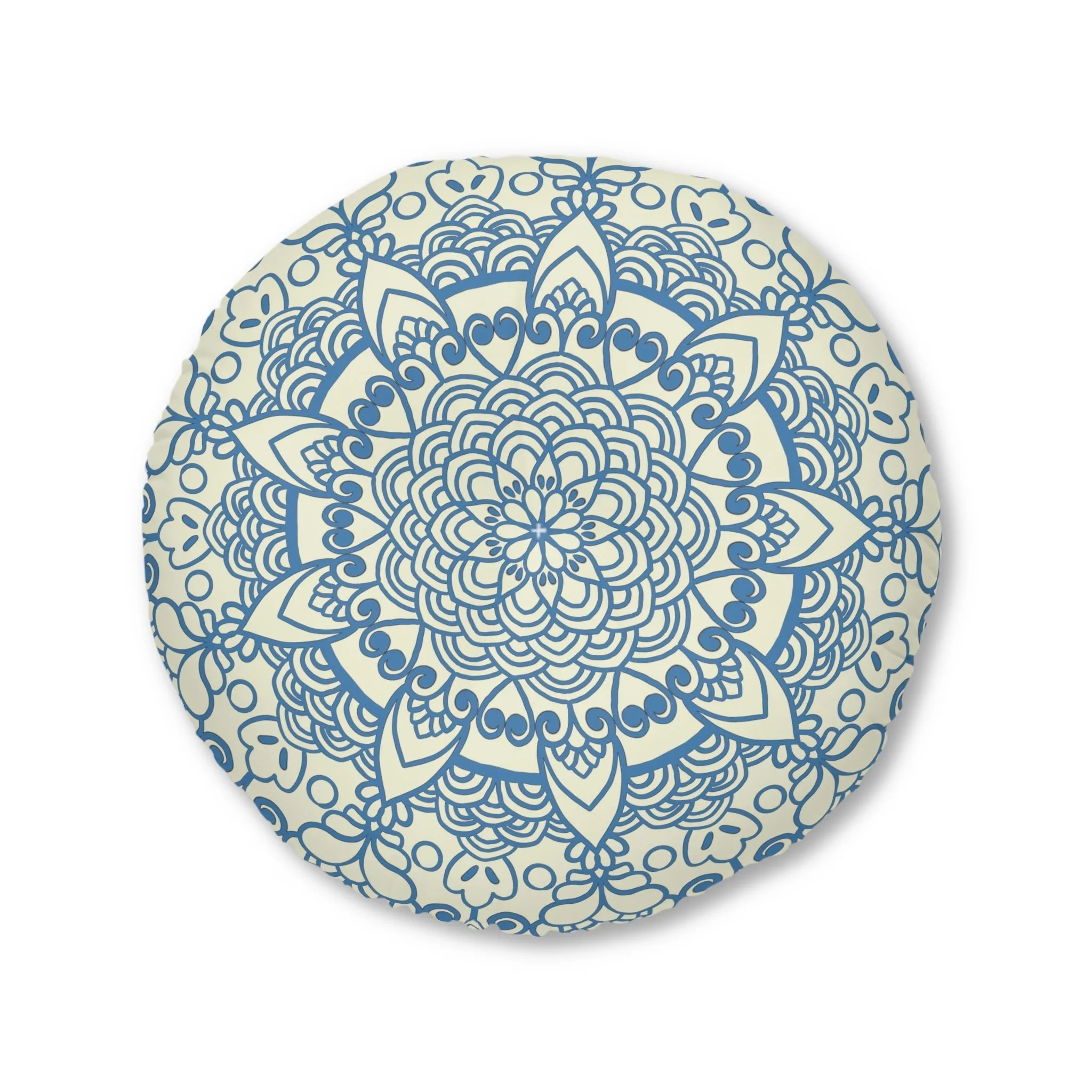 Handmade Mandala Art Steel Blue Floor Cushion - Tufted Round Pillow