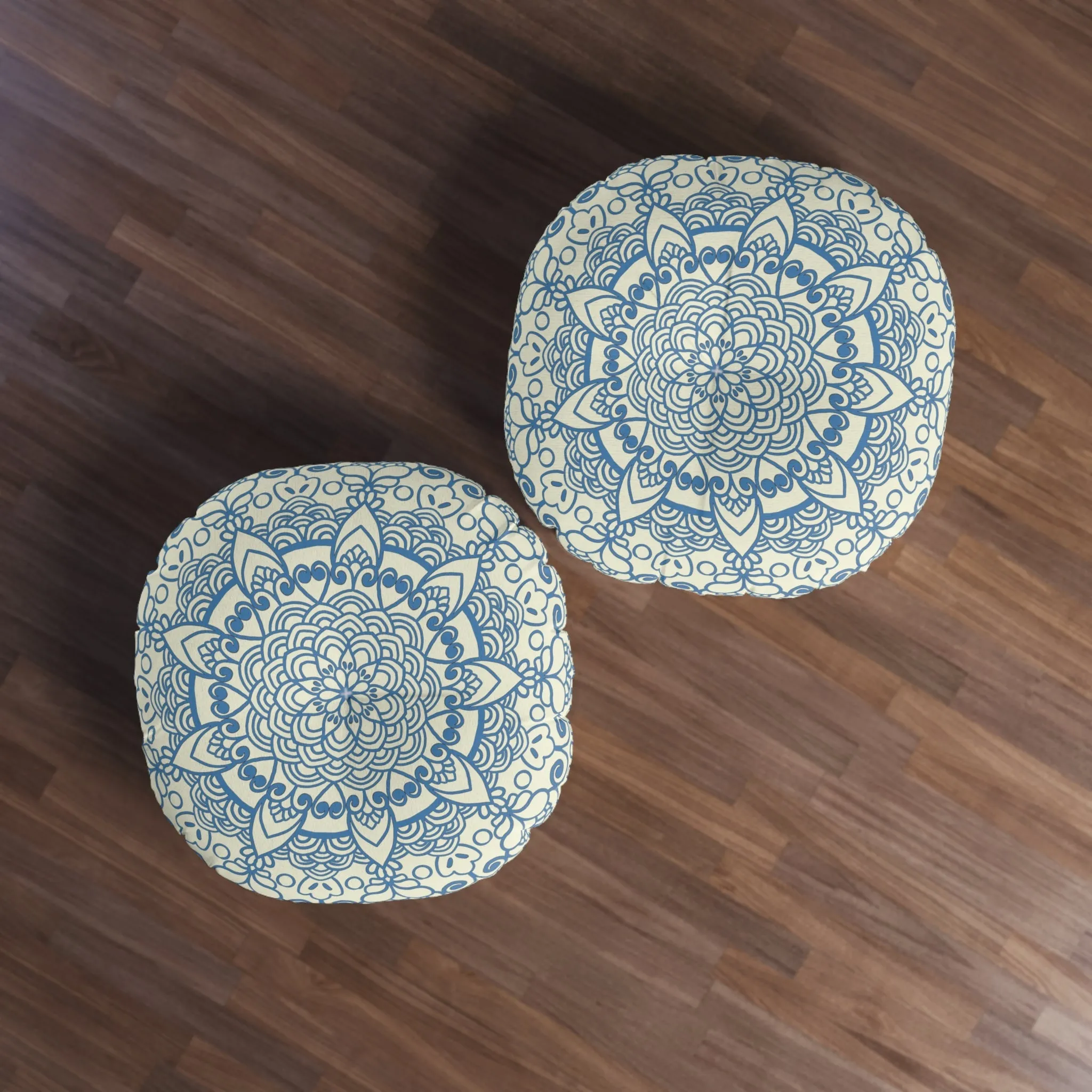 Handmade Mandala Art Steel Blue Floor Cushion - Tufted Round Pillow
