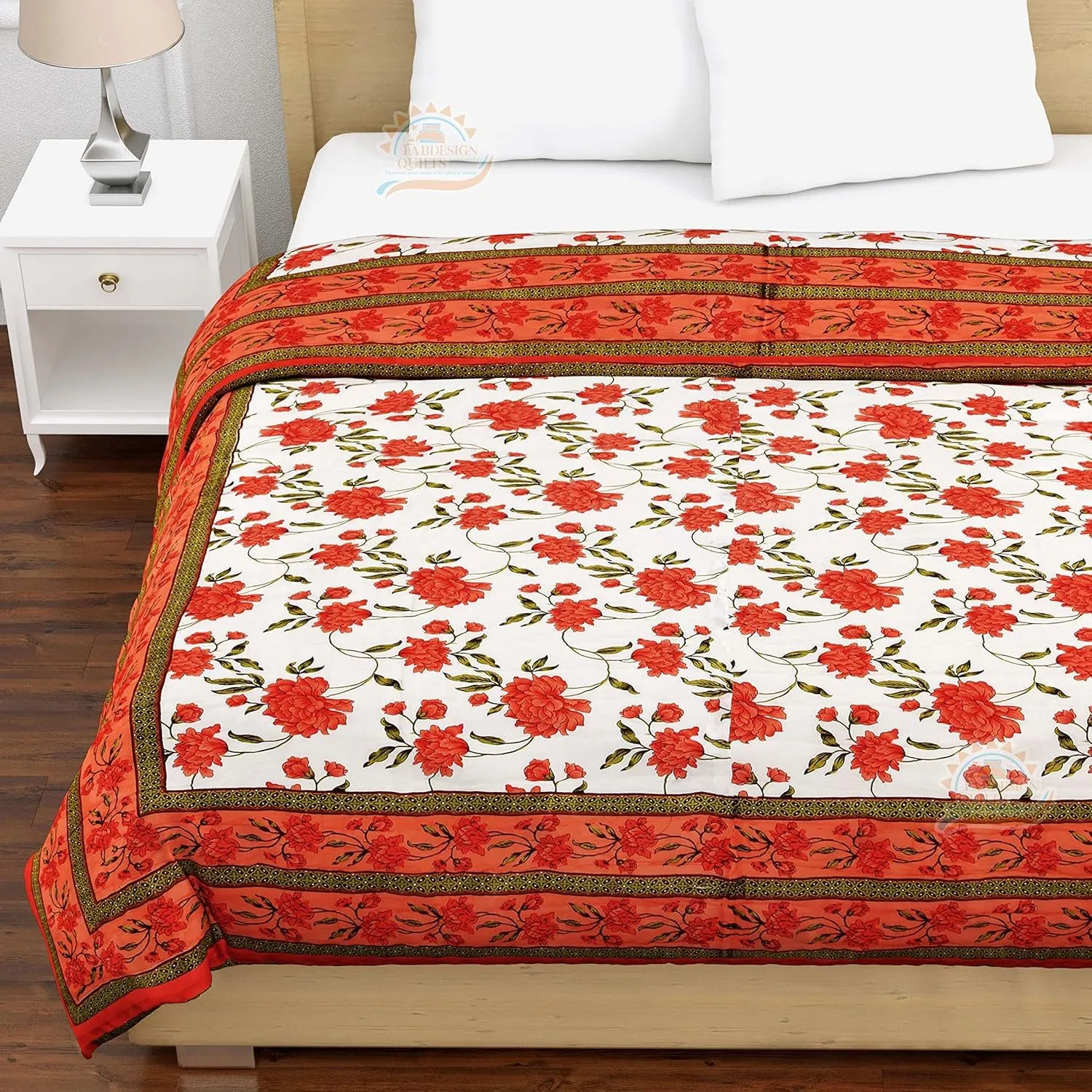 HOPEE SHOP Lightweight Pure Cotton Double Bed Soft Jaipuri AC Quilt/Floral Print Jaipuri Razai 300 TC Cotton Handmade Floral Printed Rajasthani Traditional Double Bed Jaipuri Orange Rajai