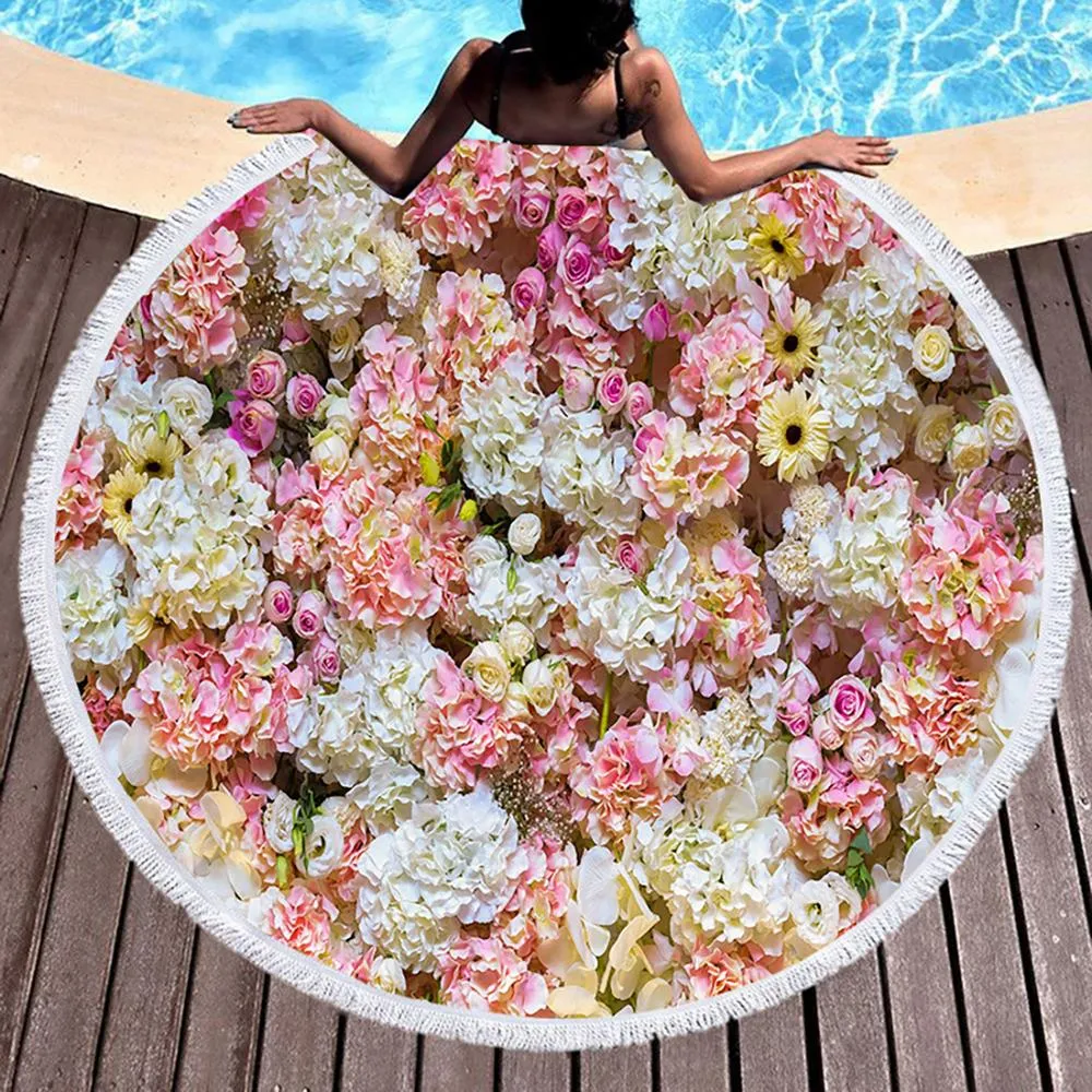 Kawaii Flowers Rose Bush Pink Beach Bath Towel Round Sea Blanket Seaside Yoga Carpet Picnic Mat Absorbent Manteau Cover Cloak