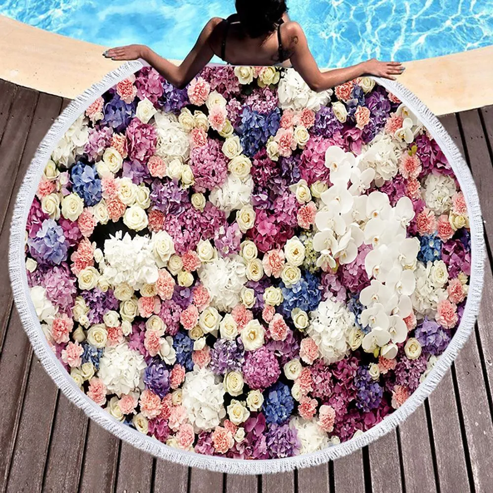 Kawaii Flowers Rose Bush Pink Beach Bath Towel Round Sea Blanket Seaside Yoga Carpet Picnic Mat Absorbent Manteau Cover Cloak