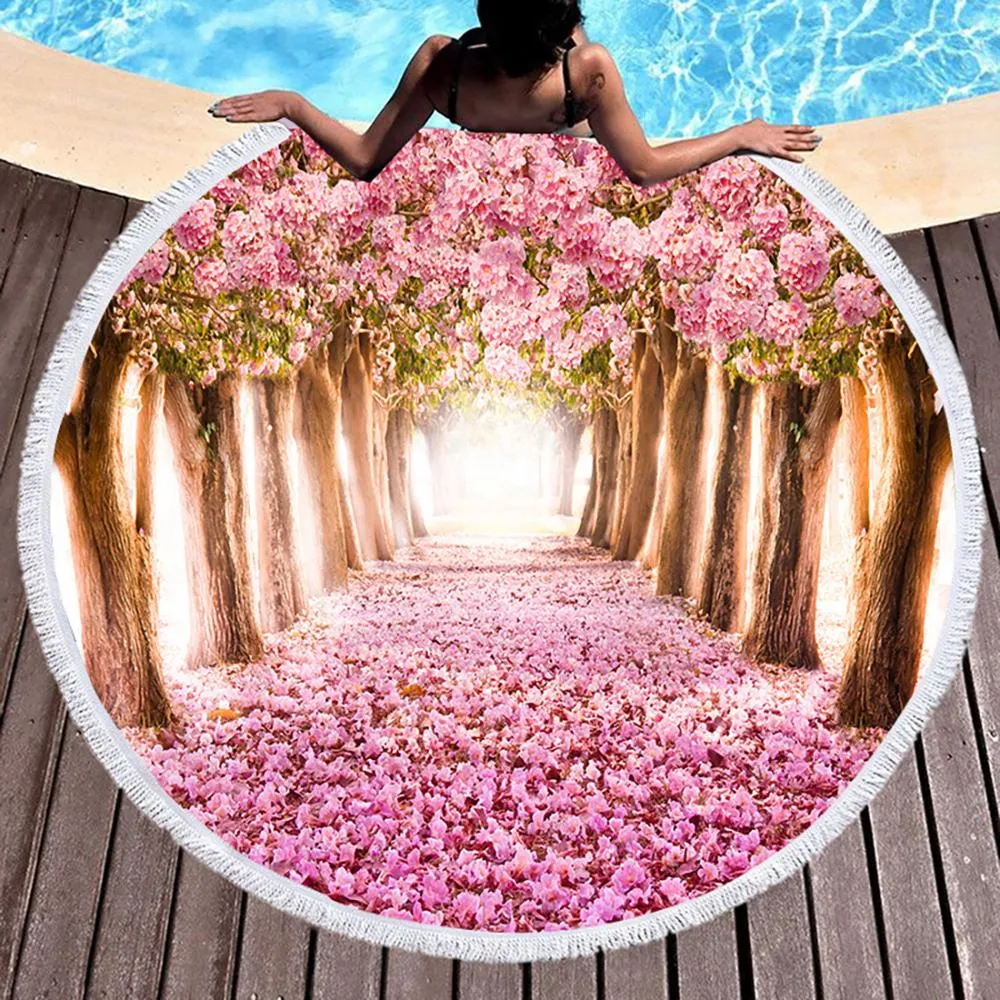 Kawaii Flowers Rose Bush Pink Beach Bath Towel Round Sea Blanket Seaside Yoga Carpet Picnic Mat Absorbent Manteau Cover Cloak