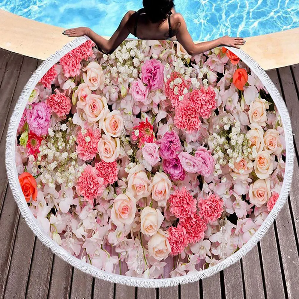Kawaii Flowers Rose Bush Pink Beach Bath Towel Round Sea Blanket Seaside Yoga Carpet Picnic Mat Absorbent Manteau Cover Cloak