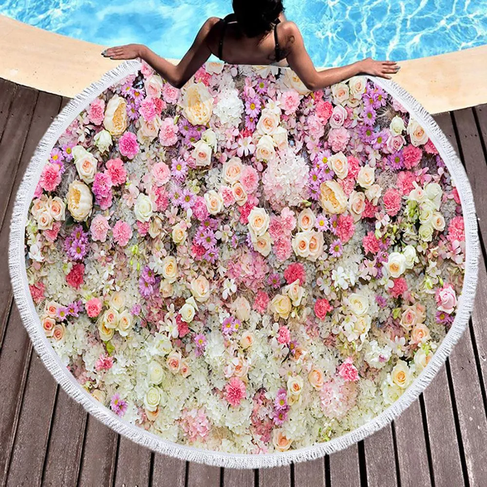 Kawaii Flowers Rose Bush Pink Beach Bath Towel Round Sea Blanket Seaside Yoga Carpet Picnic Mat Absorbent Manteau Cover Cloak