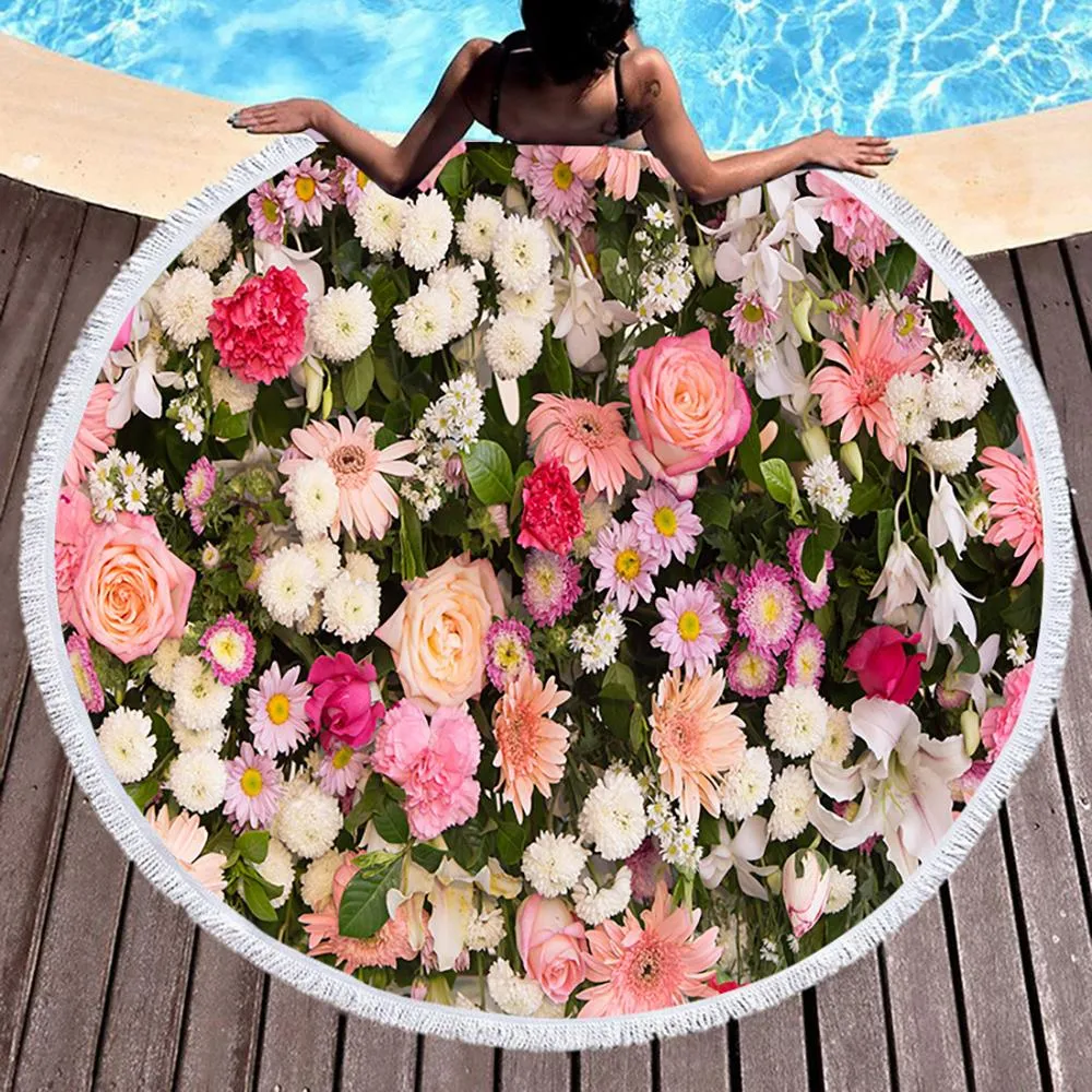 Kawaii Flowers Rose Bush Pink Beach Bath Towel Round Sea Blanket Seaside Yoga Carpet Picnic Mat Absorbent Manteau Cover Cloak