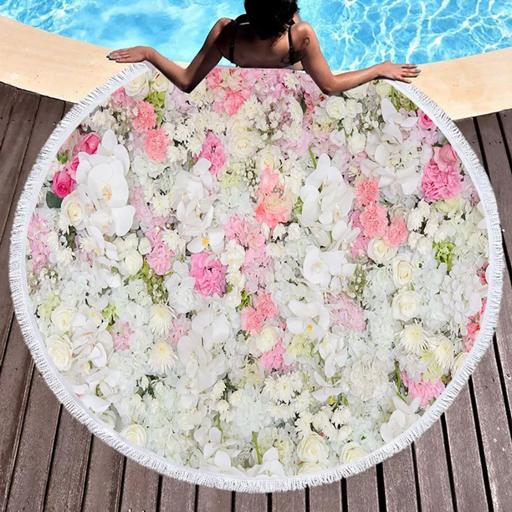 Kawaii Flowers Rose Bush Pink Beach Bath Towel Round Sea Blanket Seaside Yoga Carpet Picnic Mat Absorbent Manteau Cover Cloak