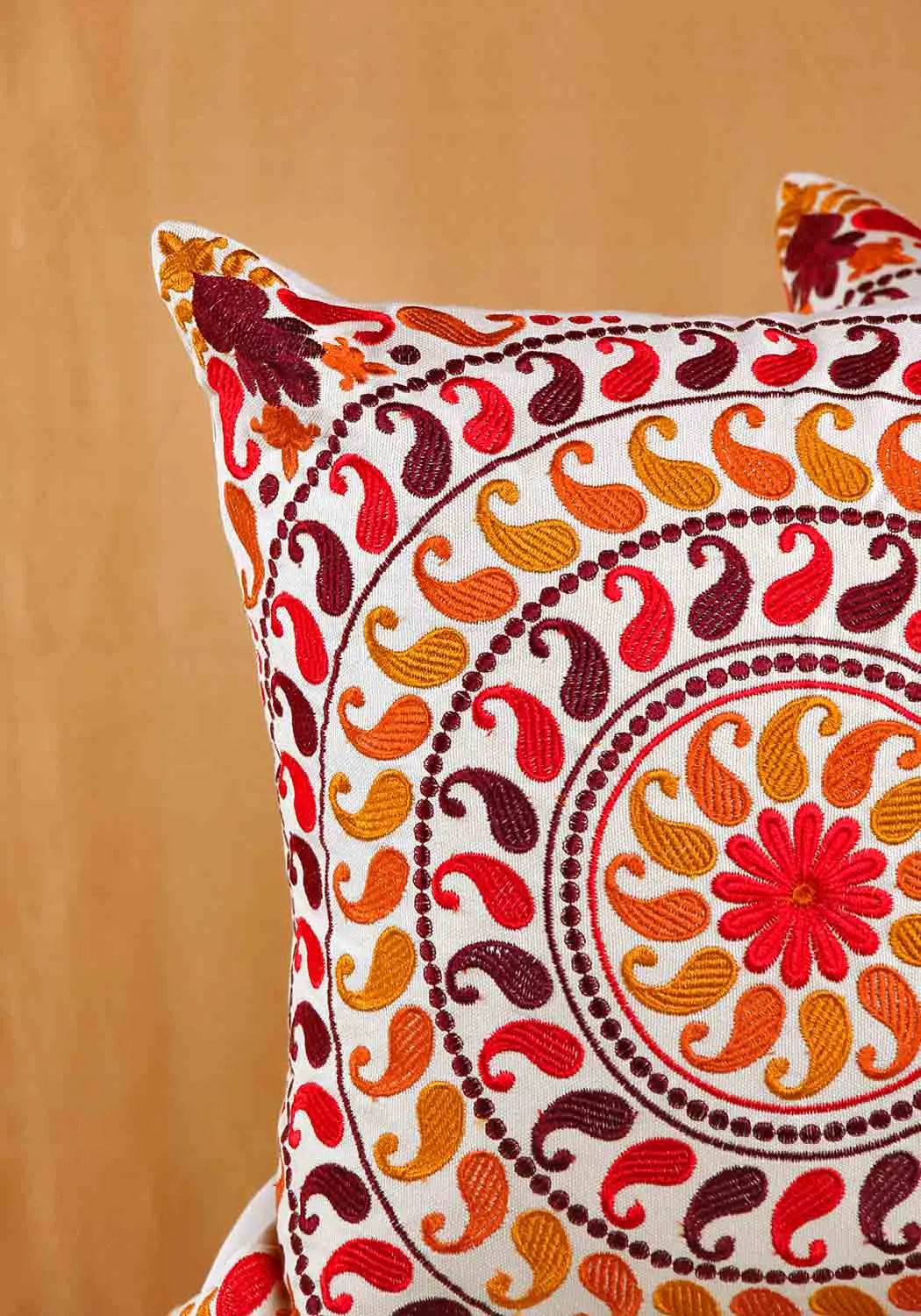 Orange Paisley Embroidered Cushion Cover