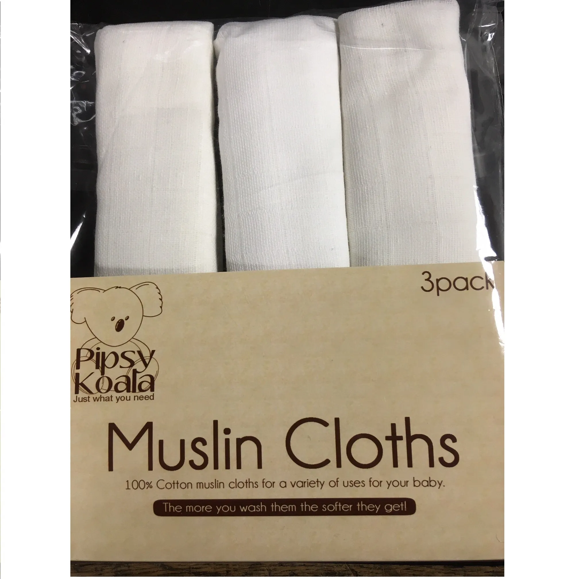 Pipsy Koala 3-Pack Muslin Cloths White