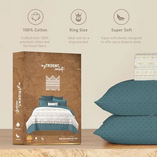 Trident Bedsheet King Size Bed Cotton | Cotton Bedsheets for double bed | 1 Bedsheet and 2 Pillowcases | Indian Traditional Craft | King Size Bedsheet Cotton | Sanskriti Collection- Shisha Bharat Teal