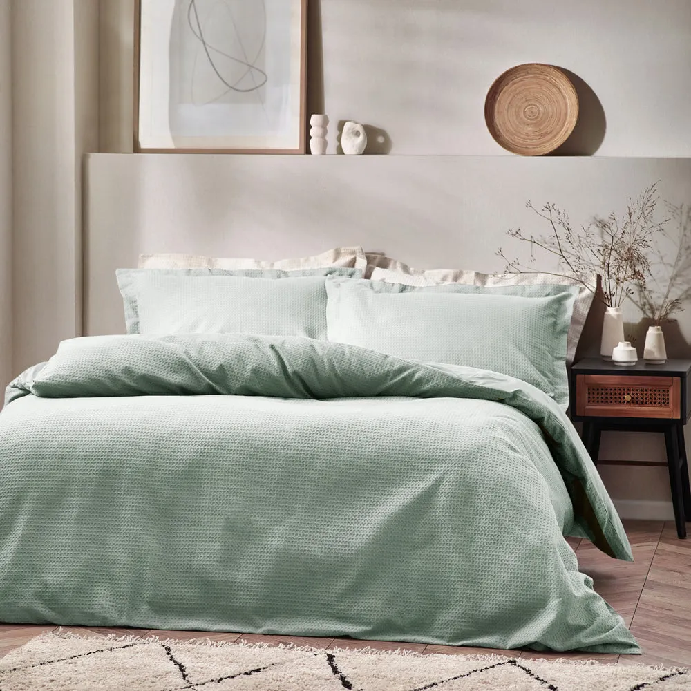 Waffle Textured 100% Cotton Duvet Cover Set Seafoam
