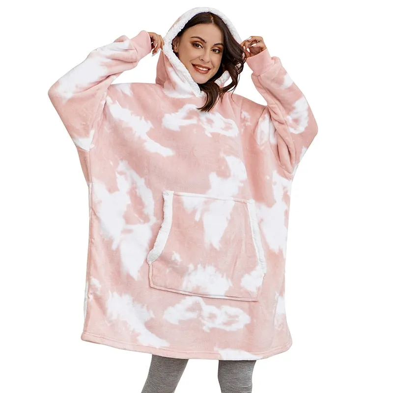 Winter Oversized Hoodie Blanket With Sleeves Fleece Sweatshirt Plaid Hoody Women Pocket Hooded Sweat Oversize Soft Blanket