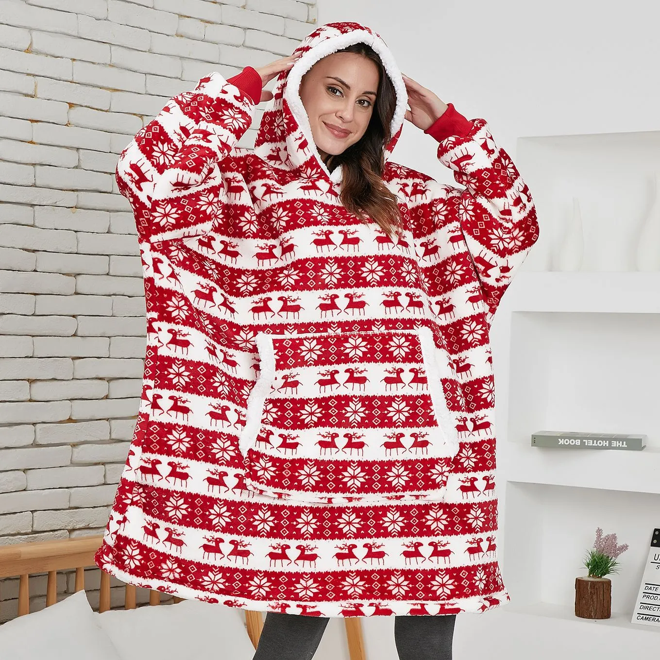 Winter Oversized Hoodie Blanket With Sleeves Fleece Sweatshirt Plaid Hoody Women Pocket Hooded Sweat Oversize Soft Blanket