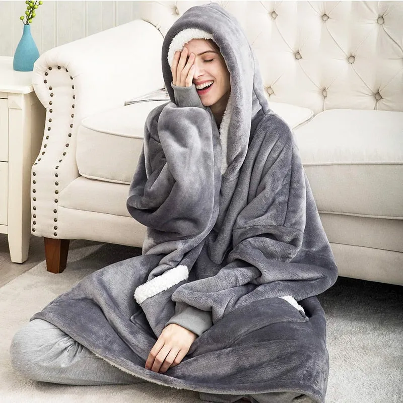 Winter Oversized Hoodie Blanket With Sleeves Fleece Sweatshirt Plaid Hoody Women Pocket Hooded Sweat Oversize Soft Blanket