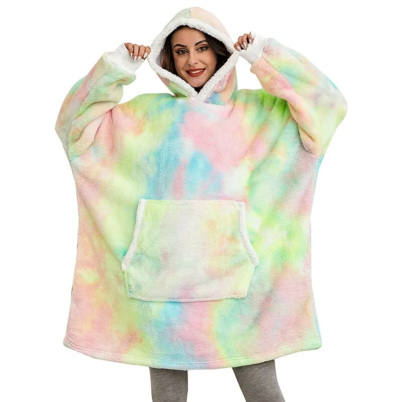 Winter Oversized Hoodie Blanket With Sleeves Fleece Sweatshirt Plaid Hoody Women Pocket Hooded Sweat Oversize Soft Blanket