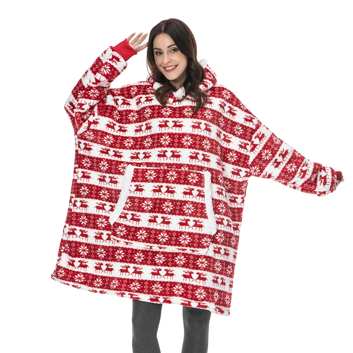 Winter Oversized Hoodie Blanket With Sleeves Fleece Sweatshirt Plaid Hoody Women Pocket Hooded Sweat Oversize Soft Blanket