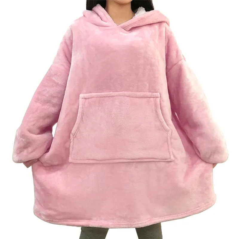 Winter Oversized Hoodie Blanket With Sleeves Fleece Sweatshirt Plaid Hoody Women Pocket Hooded Sweat Oversize Soft Blanket