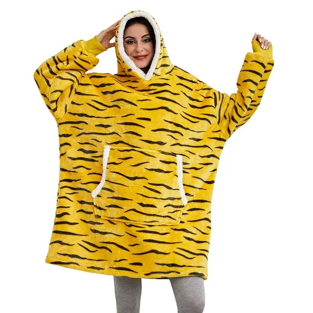 Winter Oversized Hoodie Blanket With Sleeves Fleece Sweatshirt Plaid Hoody Women Pocket Hooded Sweat Oversize Soft Blanket