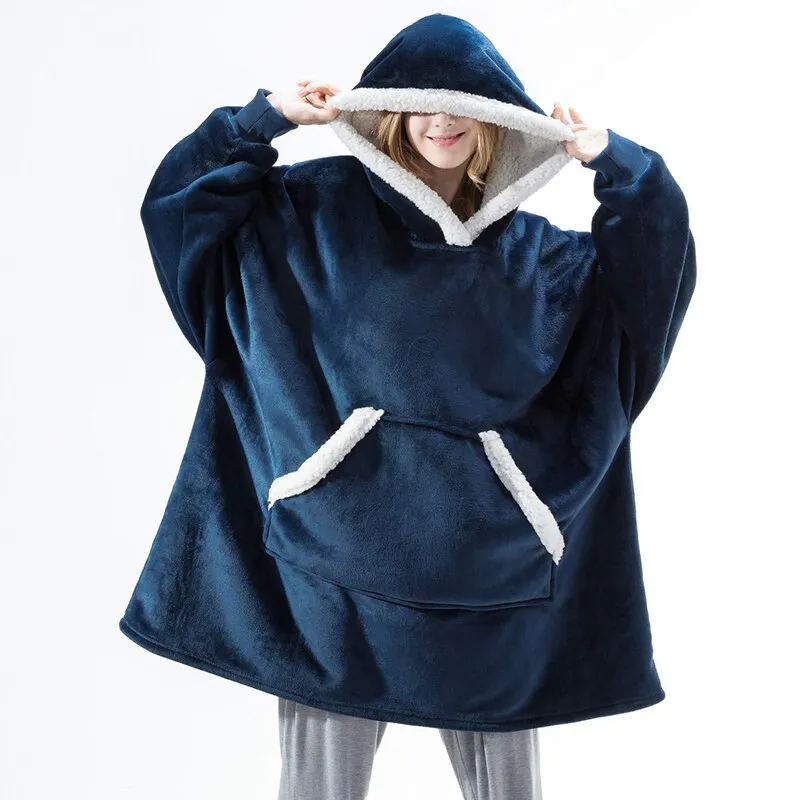 Winter Oversized Hoodie Blanket With Sleeves Fleece Sweatshirt Plaid Hoody Women Pocket Hooded Sweat Oversize Soft Blanket