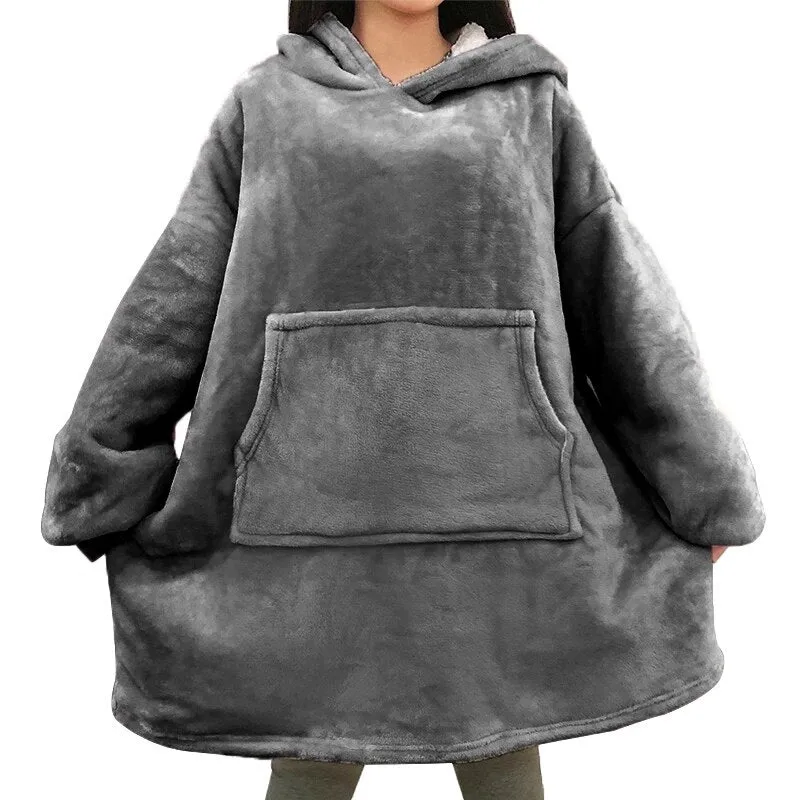 Winter Oversized Hoodie Blanket With Sleeves Fleece Sweatshirt Plaid Hoody Women Pocket Hooded Sweat Oversize Soft Blanket