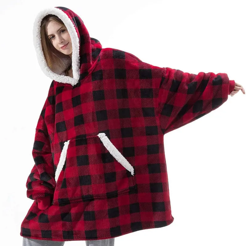 Winter Oversized Hoodie Blanket With Sleeves Fleece Sweatshirt Plaid Hoody Women Pocket Hooded Sweat Oversize Soft Blanket