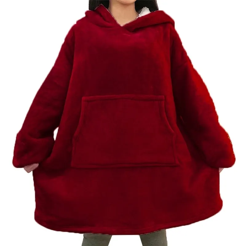 Winter Oversized Hoodie Blanket With Sleeves Fleece Sweatshirt Plaid Hoody Women Pocket Hooded Sweat Oversize Soft Blanket
