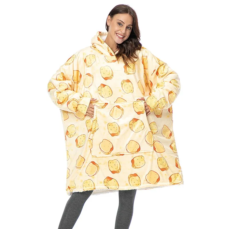 Winter Oversized Hoodie Blanket With Sleeves Fleece Sweatshirt Plaid Hoody Women Pocket Hooded Sweat Oversize Soft Blanket