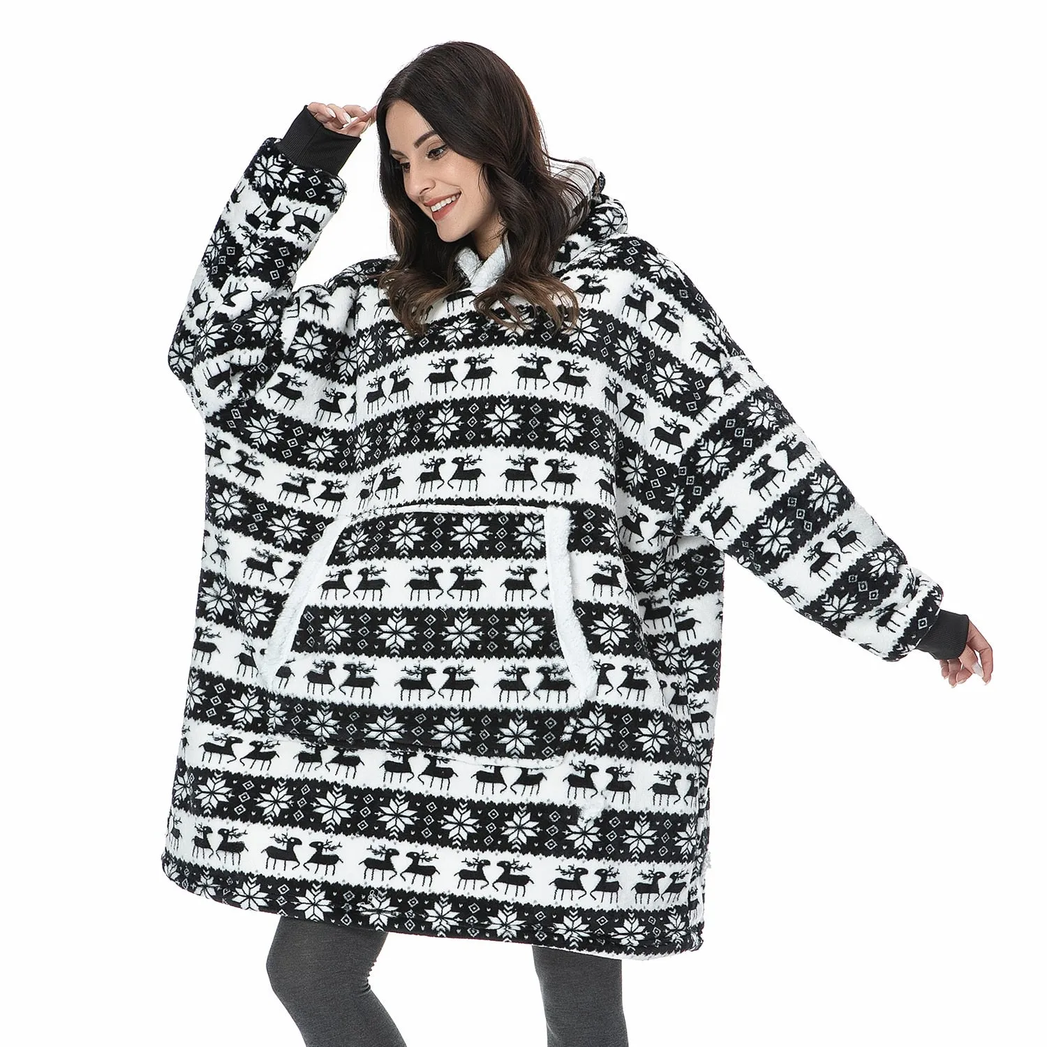 Winter Oversized Hoodie Blanket With Sleeves Fleece Sweatshirt Plaid Hoody Women Pocket Hooded Sweat Oversize Soft Blanket