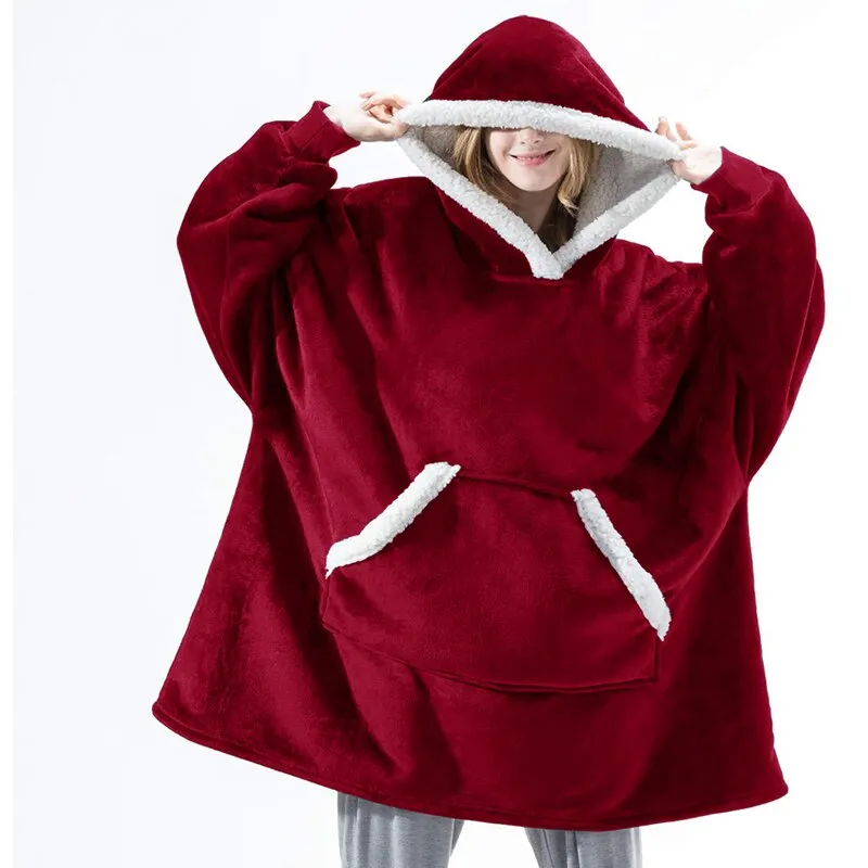 Winter Oversized Hoodie Blanket With Sleeves Fleece Sweatshirt Plaid Hoody Women Pocket Hooded Sweat Oversize Soft Blanket