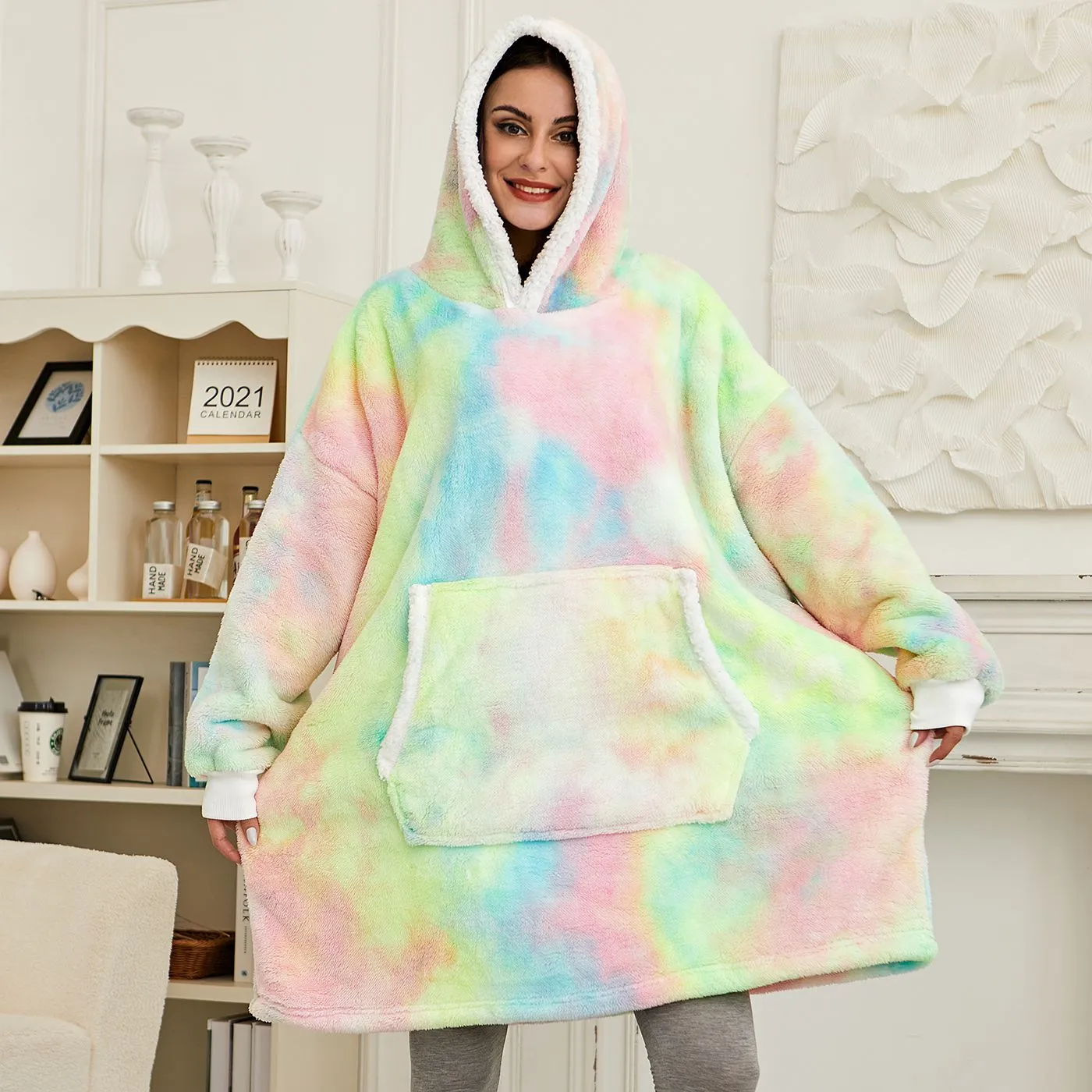 Winter Oversized Hoodie Blanket With Sleeves Fleece Sweatshirt Plaid Hoody Women Pocket Hooded Sweat Oversize Soft Blanket