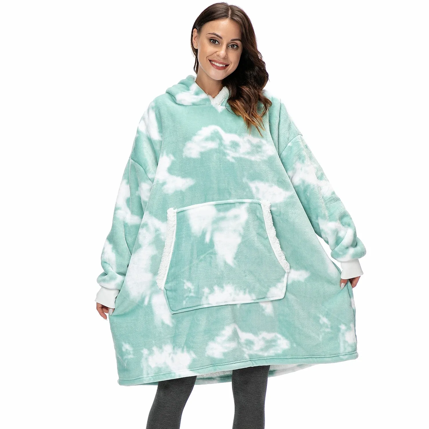 Winter Oversized Hoodie Blanket With Sleeves Fleece Sweatshirt Plaid Hoody Women Pocket Hooded Sweat Oversize Soft Blanket