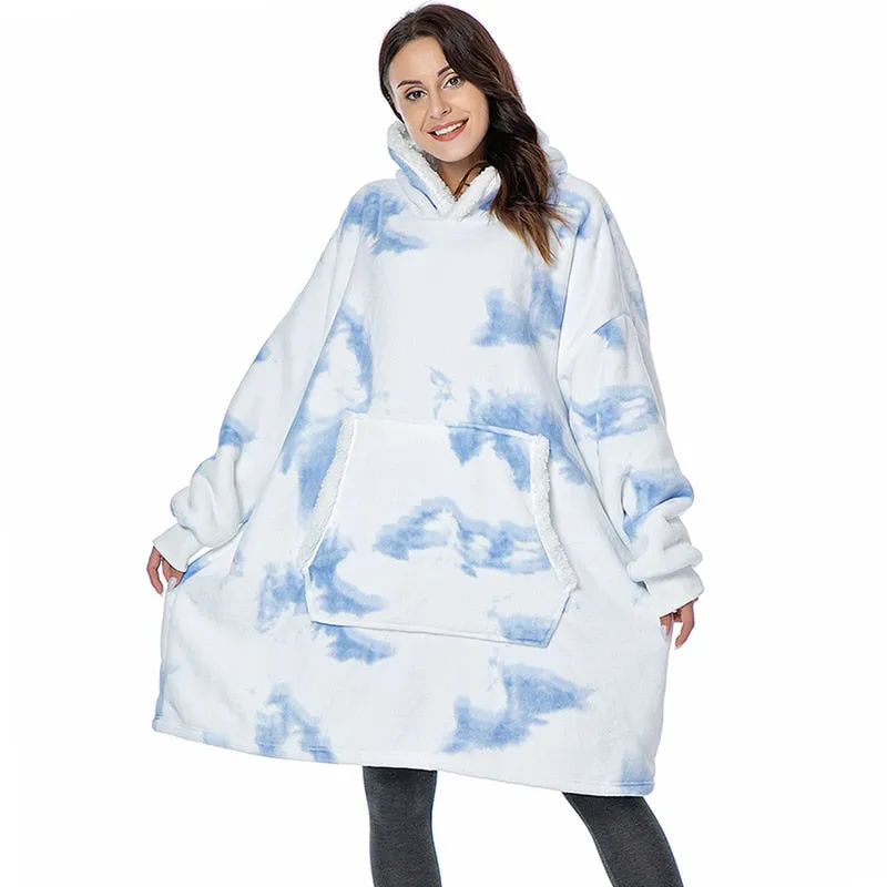 Winter Oversized Hoodie Blanket With Sleeves Fleece Sweatshirt Plaid Hoody Women Pocket Hooded Sweat Oversize Soft Blanket