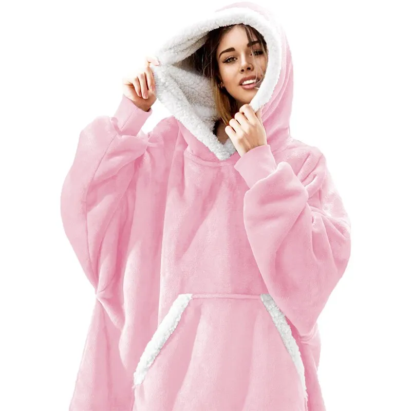 Winter Oversized Hoodie Blanket With Sleeves Fleece Sweatshirt Plaid Hoody Women Pocket Hooded Sweat Oversize Soft Blanket