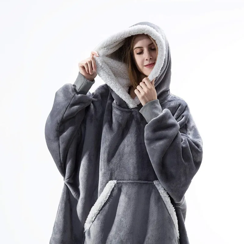 Winter Oversized Hoodie Blanket With Sleeves Fleece Sweatshirt Plaid Hoody Women Pocket Hooded Sweat Oversize Soft Blanket